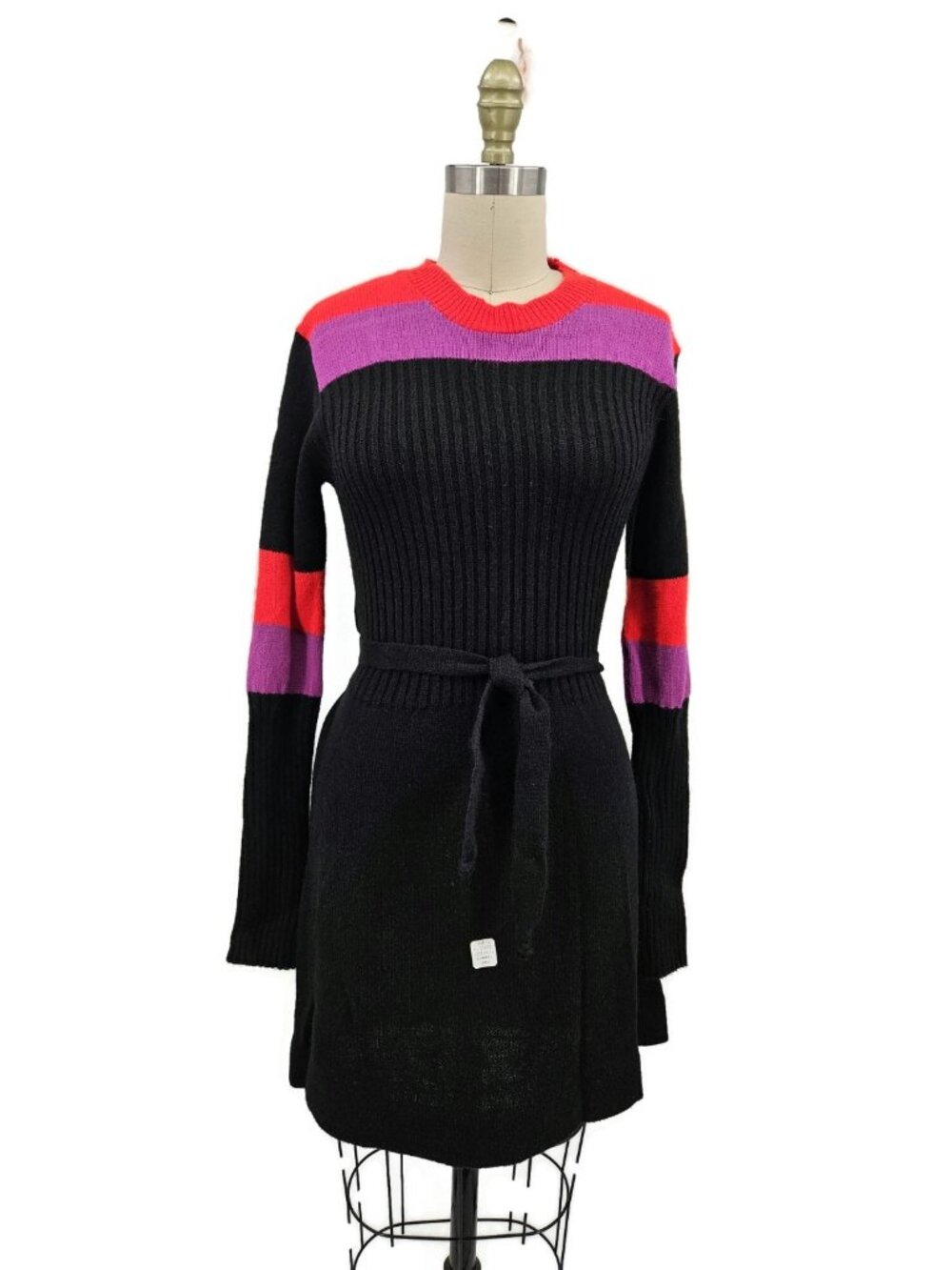 VTG New Alberoy Sweater Dress Womens L Black Colorblock Long Sleeve Midi Belted